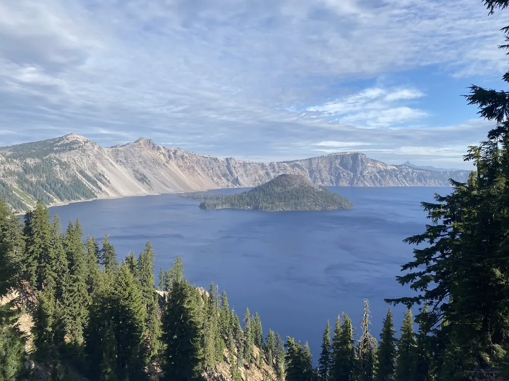 Crater Lake and Wizard Island seen through the pines